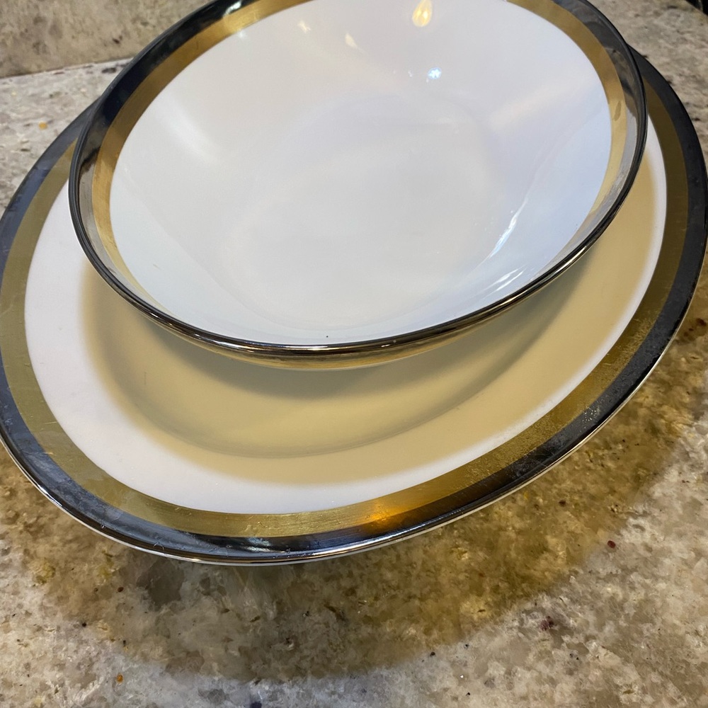 Fitz & Floyd PLATINE d'OR‎ 14.5" Oval Serving Platter With Bowl Platinum & Gold